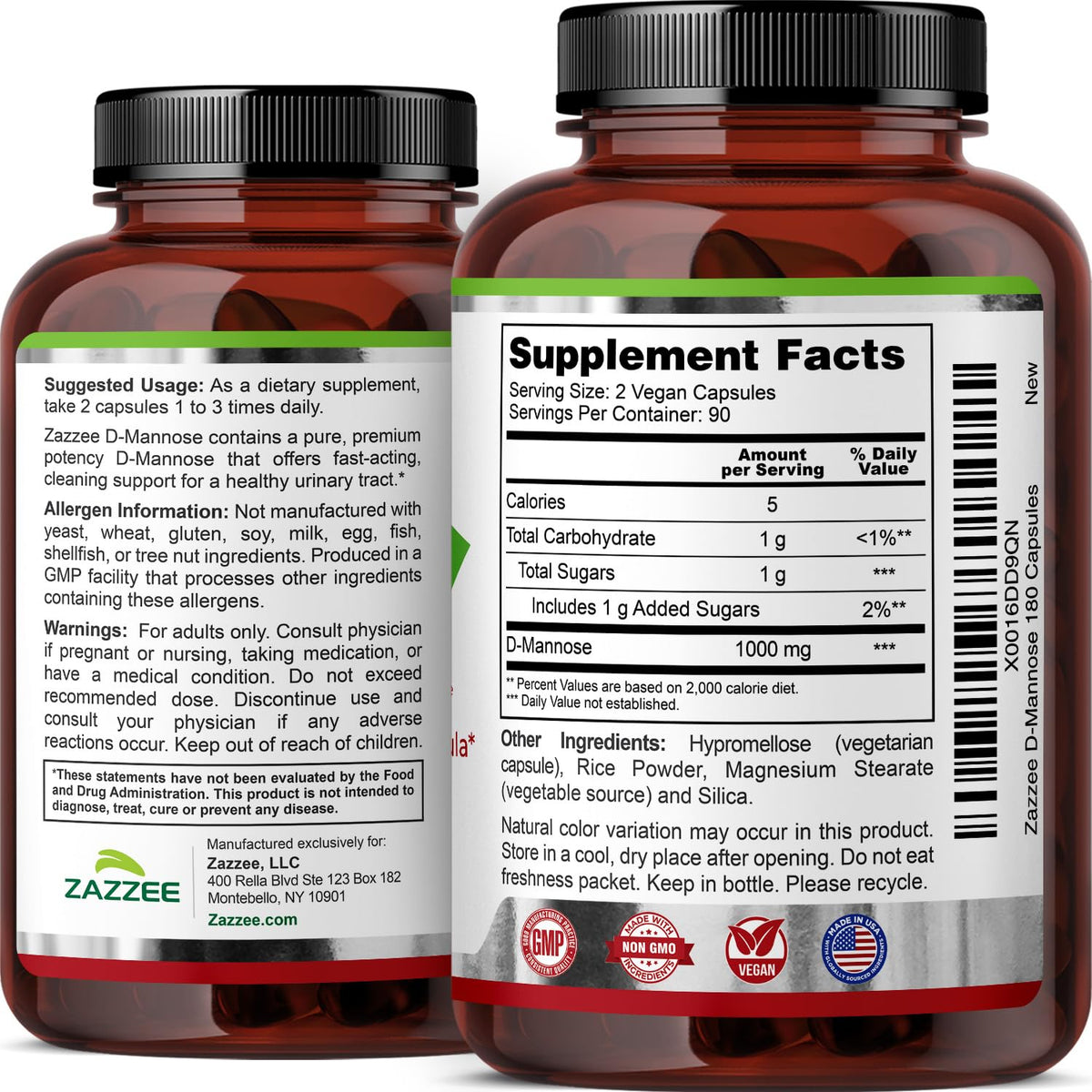 Zazzee D-Mannose, 1000 mg per Serving, 180 Vegan Capsules, 3 Month Supply, Potent & Fast-Acting, Certified Kosher, 100% Pure, All-Natural Urinary Tract Health Support, 100% Vegetarian, Non-GMO - FENGGESTORE20