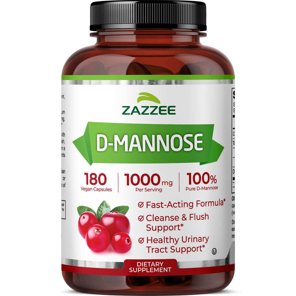 Zazzee D-Mannose, 1000 mg per Serving, 180 Vegan Capsules, 3 Month Supply, Potent & Fast-Acting, Certified Kosher, 100% Pure, All-Natural Urinary Tract Health Support, 100% Vegetarian, Non-GMO - FENGGESTORE20