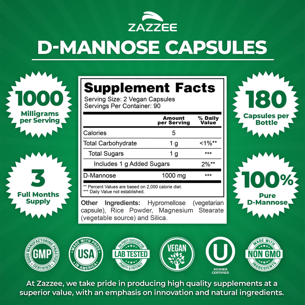 Zazzee D-Mannose, 1000 mg per Serving, 180 Vegan Capsules, 3 Month Supply, Potent & Fast-Acting, Certified Kosher, 100% Pure, All-Natural Urinary Tract Health Support, 100% Vegetarian, Non-GMO - FENGGESTORE20