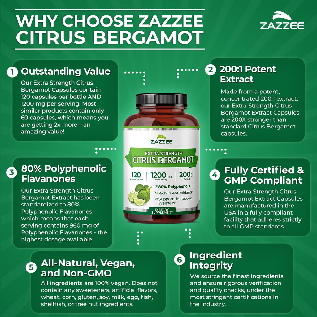 Zazzee Extra Strength Citrus Bergamot 200:1 Extract 1200 mg, 80% Polyphenols, 120 Vegan Capsules, Standardized 200X Potency - FENGGESTORE20