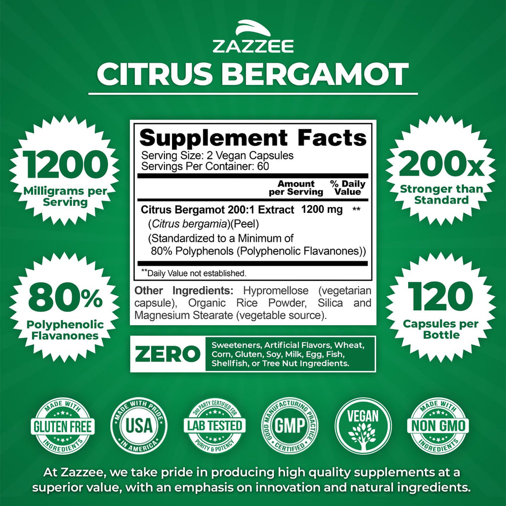 Zazzee Extra Strength Citrus Bergamot 200:1 Extract 1200 mg, 80% Polyphenols, 120 Vegan Capsules, Standardized 200X Potency - FENGGESTORE20