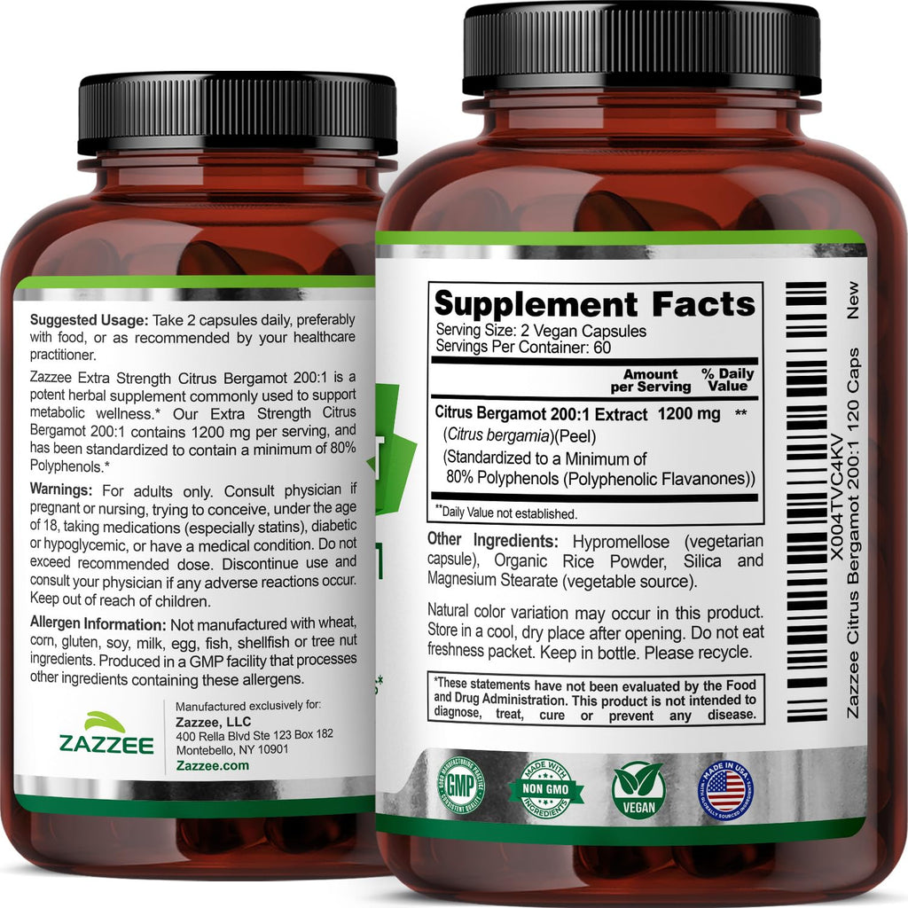 Zazzee Extra Strength Citrus Bergamot 200:1 Extract 1200 mg, 80% Polyphenols, 120 Vegan Capsules, Standardized 200X Potency - FENGGESTORE20