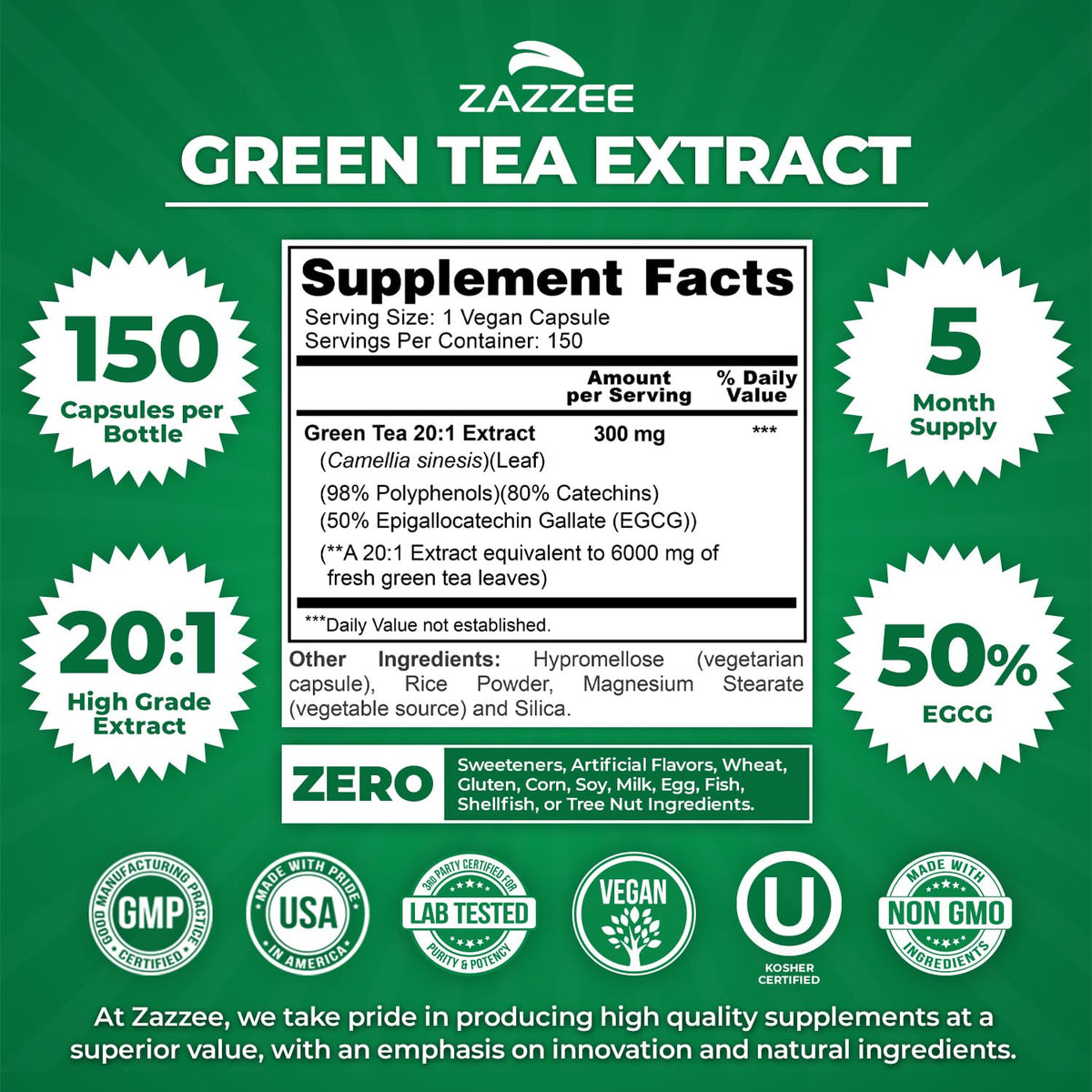 Zazzee Extra Strength Green Tea 20:1 Extract, 50% EGCG, 98% Polyphenols, 80% Catechins, 150 Vegan Capsules, 5 Month Supply, Certified Kosher - FENGGESTORE20