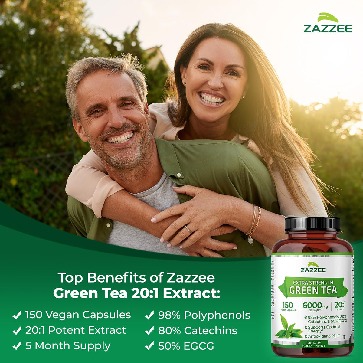 Zazzee Extra Strength Green Tea 20:1 Extract, 50% EGCG, 98% Polyphenols, 80% Catechins, 150 Vegan Capsules, 5 Month Supply, Certified Kosher - FENGGESTORE20