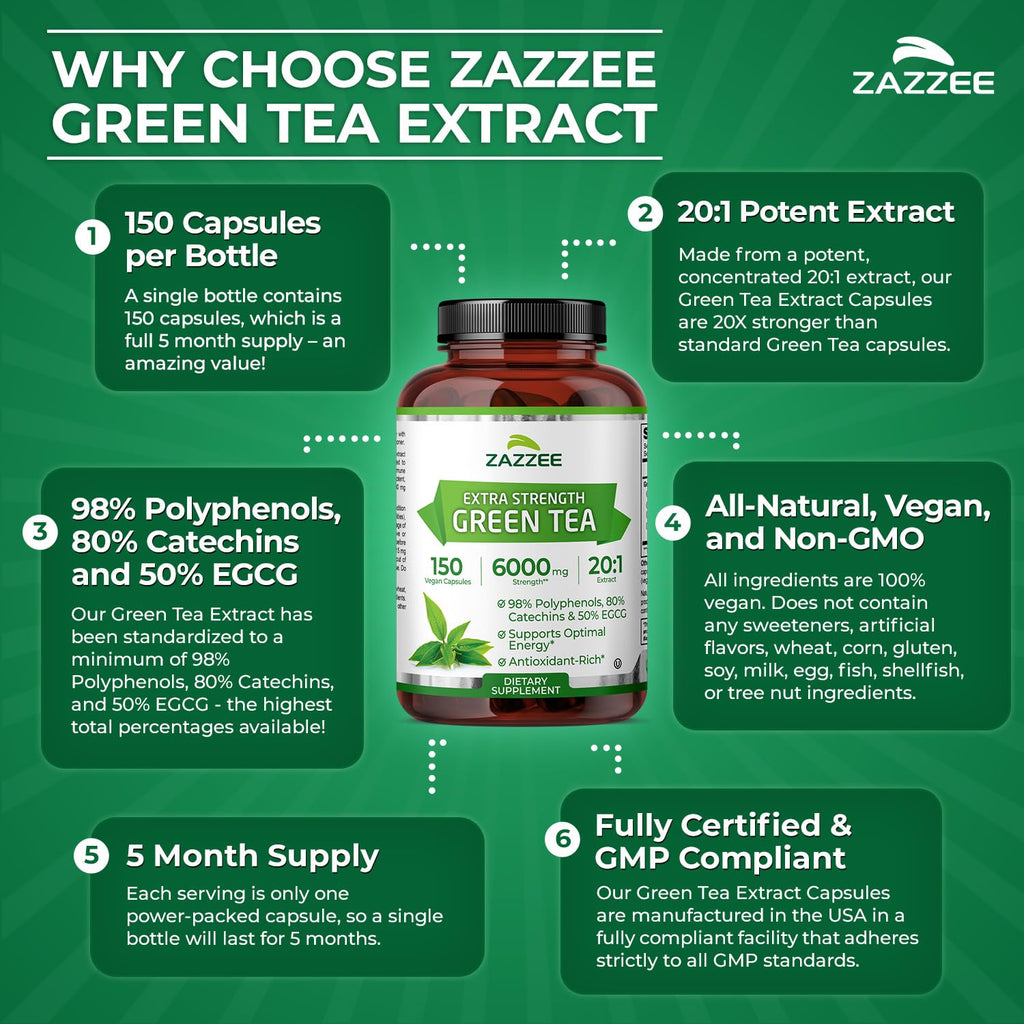 Zazzee Extra Strength Green Tea 20:1 Extract, 50% EGCG, 98% Polyphenols, 80% Catechins, 150 Vegan Capsules, 5 Month Supply, Certified Kosher - FENGGESTORE20