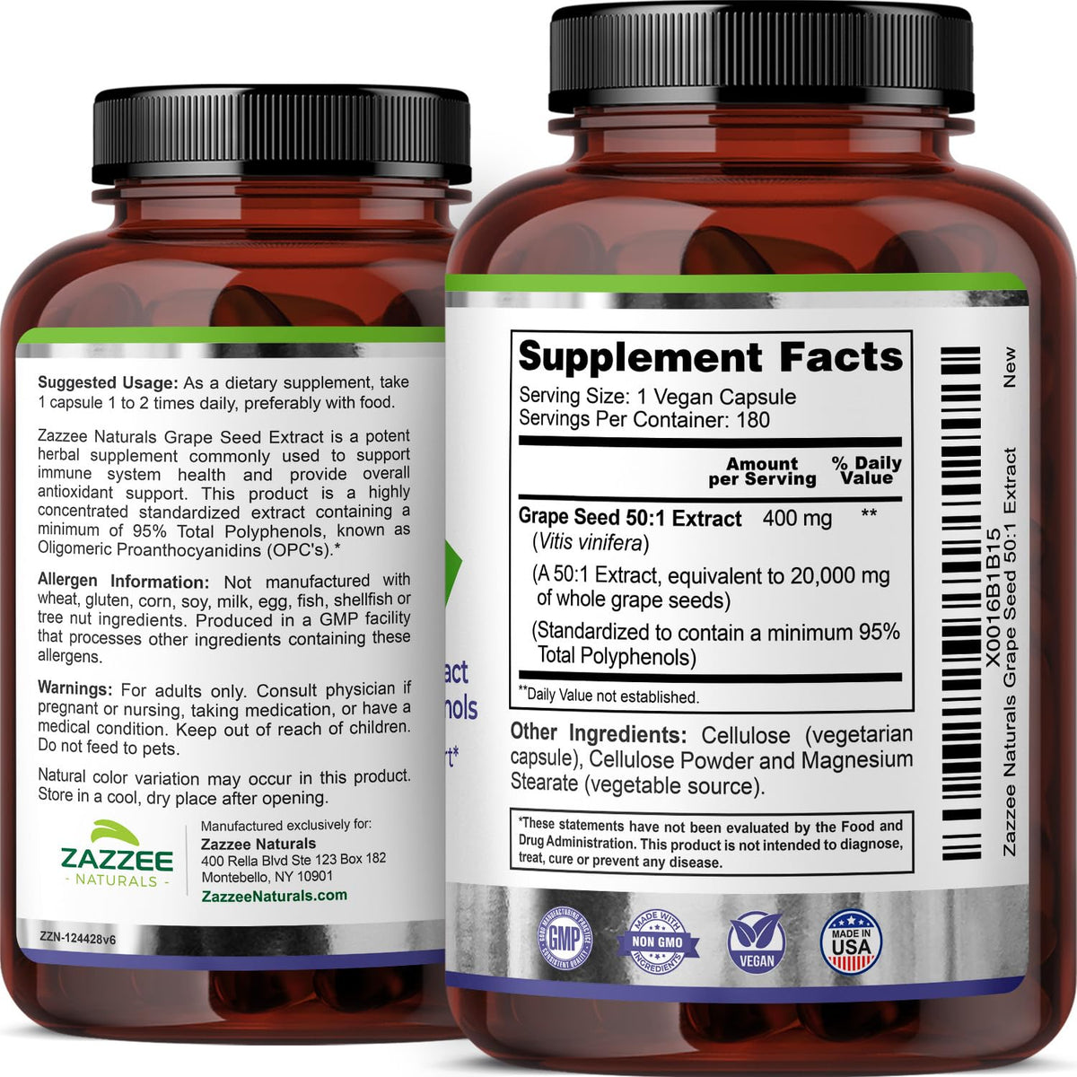 Zazzee High Strength Grape Seed 50:1 Extract, 180 Vegan Capsules, 95% Polyphenols, 400 mg per Capsule, 6 Month Supply, Antioxidant - FENGGESTORE20