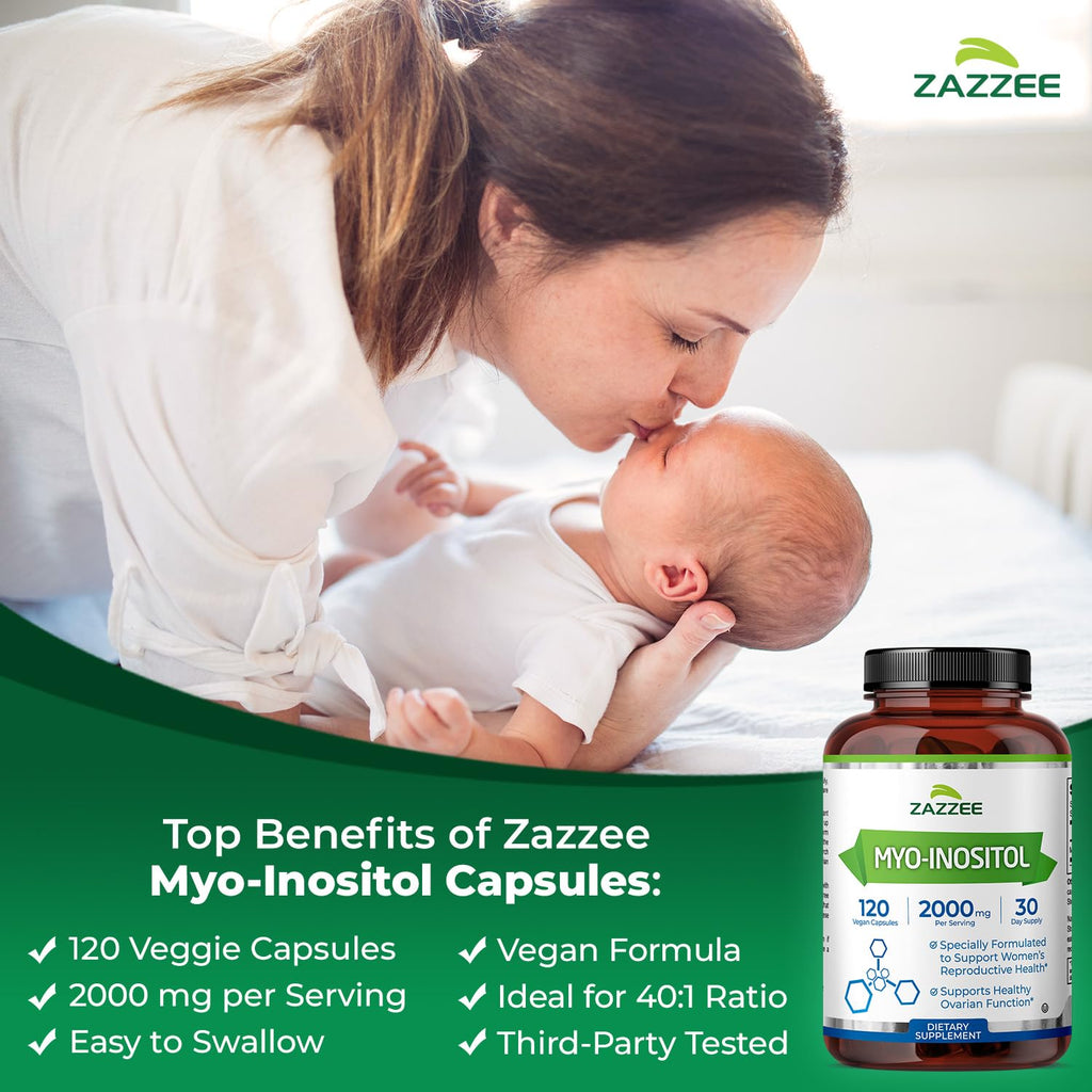 Zazzee Myo-Inositol Capsules, 2000 mg per Serving, 120 Vegan Capsules, Ideal Dosage for 40:1 Ratio, Certified Kosher, Hormone Balance & Healthy Ovarian - FENGGESTORE20
