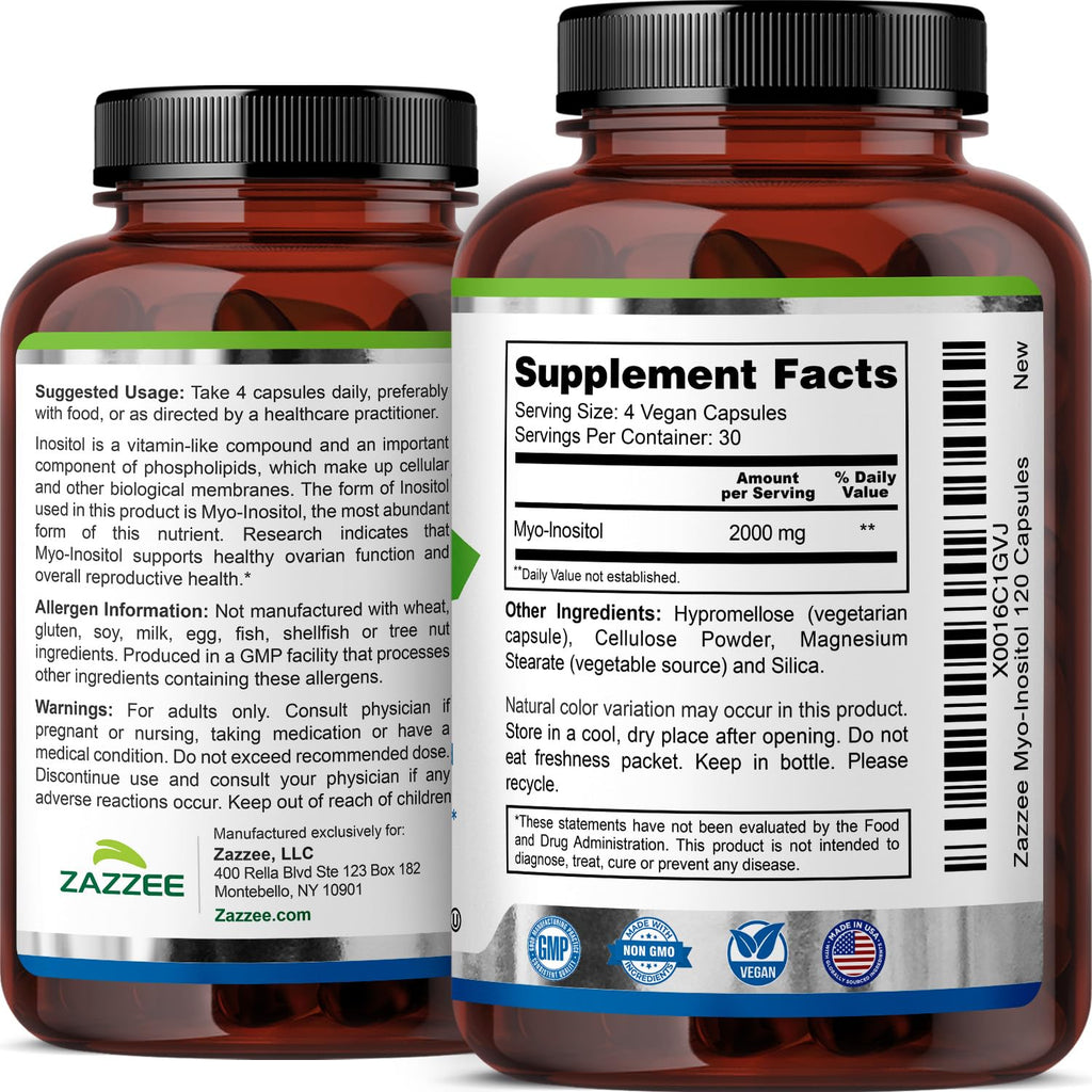 Zazzee Myo-Inositol Capsules, 2000 mg per Serving, 120 Vegan Capsules, Ideal Dosage for 40:1 Ratio, Certified Kosher, Hormone Balance & Healthy Ovarian - FENGGESTORE20