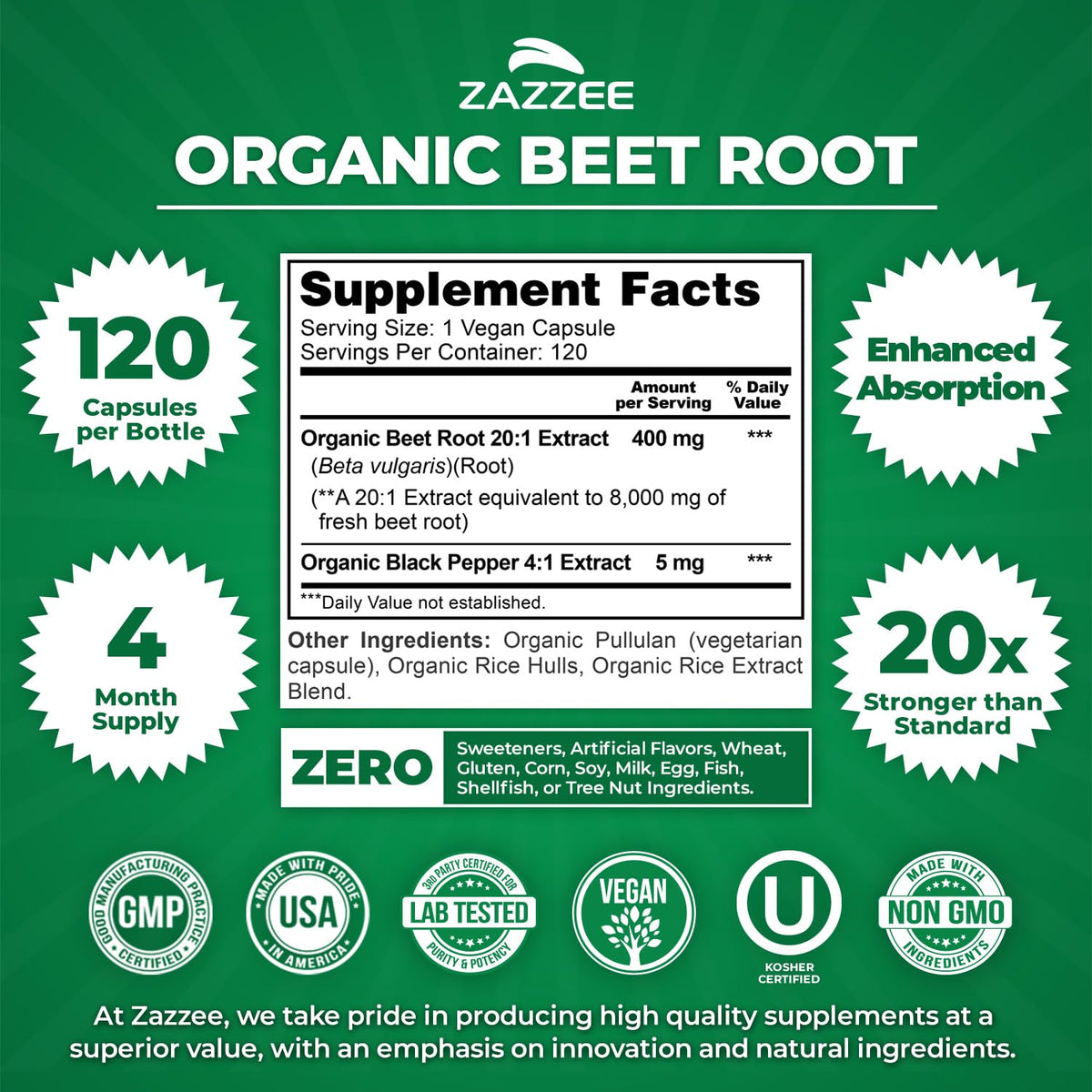 Zazzee USDA Organic Beet Root 20:1 Extract, 120 Vegan Quick Release Capsules, 4 Month Supply, Nitric Oxide Support, Black Pepper Extract for Enhanced Absorption - FENGGESTORE20