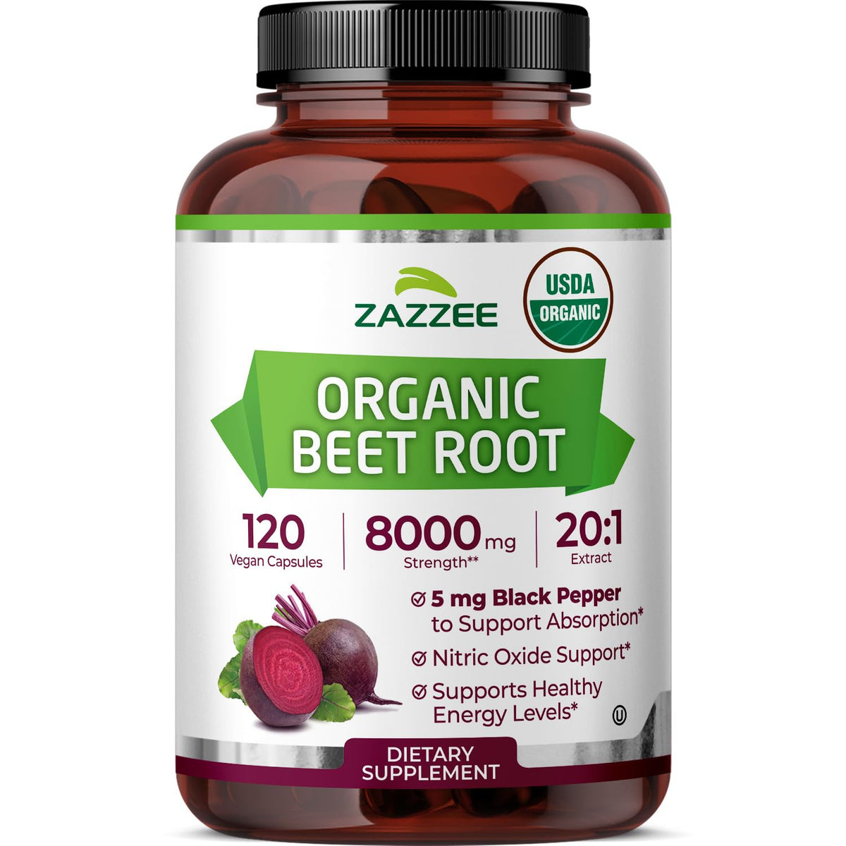 Zazzee USDA Organic Beet Root 20:1 Extract, 120 Vegan Quick Release Capsules, 4 Month Supply, Nitric Oxide Support, Black Pepper Extract for Enhanced Absorption - FENGGESTORE20