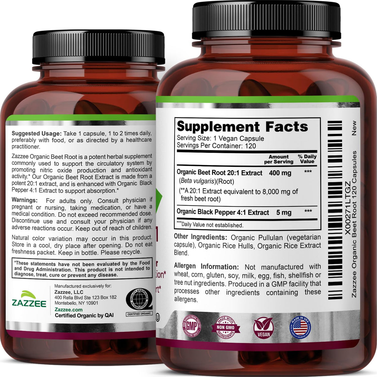 Zazzee USDA Organic Beet Root 20:1 Extract, 120 Vegan Quick Release Capsules, 4 Month Supply, Nitric Oxide Support, Black Pepper Extract for Enhanced Absorption - FENGGESTORE20