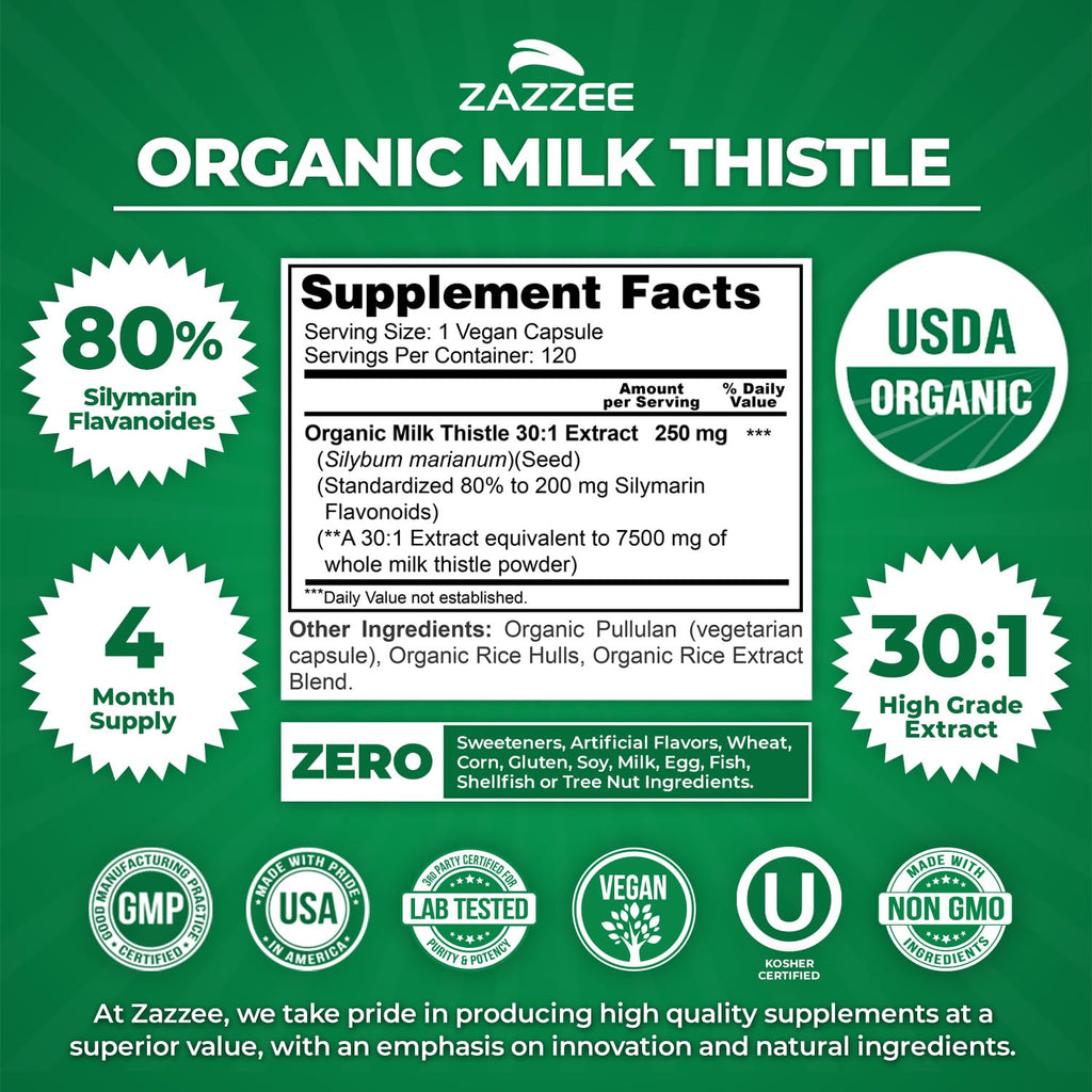 Zazzee USDA Organic Milk Thistle 30:1 Extract, 80% Silymarin, 120 Vegan Capsules, 4 Month Supply, Certified Kosher, High Potency Liver & Antioxidant Support - FENGGESTORE20