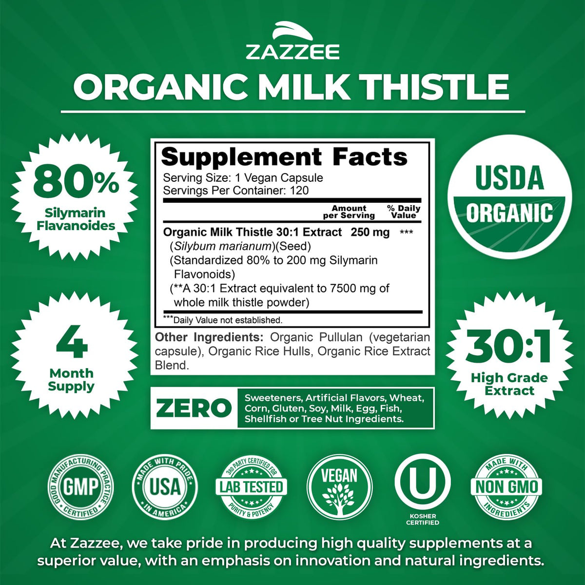 Zazzee USDA Organic Milk Thistle 30:1 Extract, 80% Silymarin, 120 Vegan Capsules, 4 Month Supply, Certified Kosher, High Potency Liver & Antioxidant Support - FENGGESTORE20