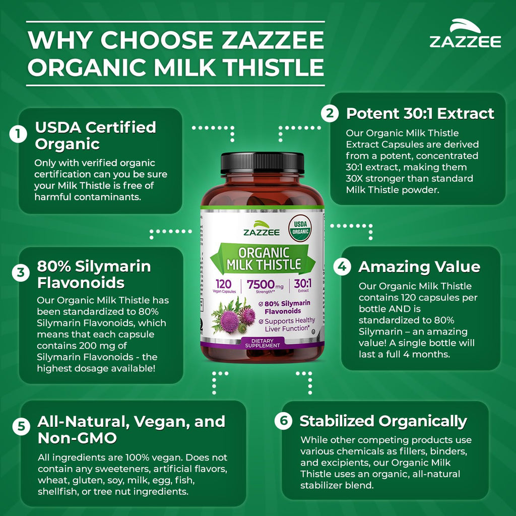 Zazzee USDA Organic Milk Thistle 30:1 Extract, 80% Silymarin, 120 Vegan Capsules, 4 Month Supply, Certified Kosher, High Potency Liver & Antioxidant Support - FENGGESTORE20