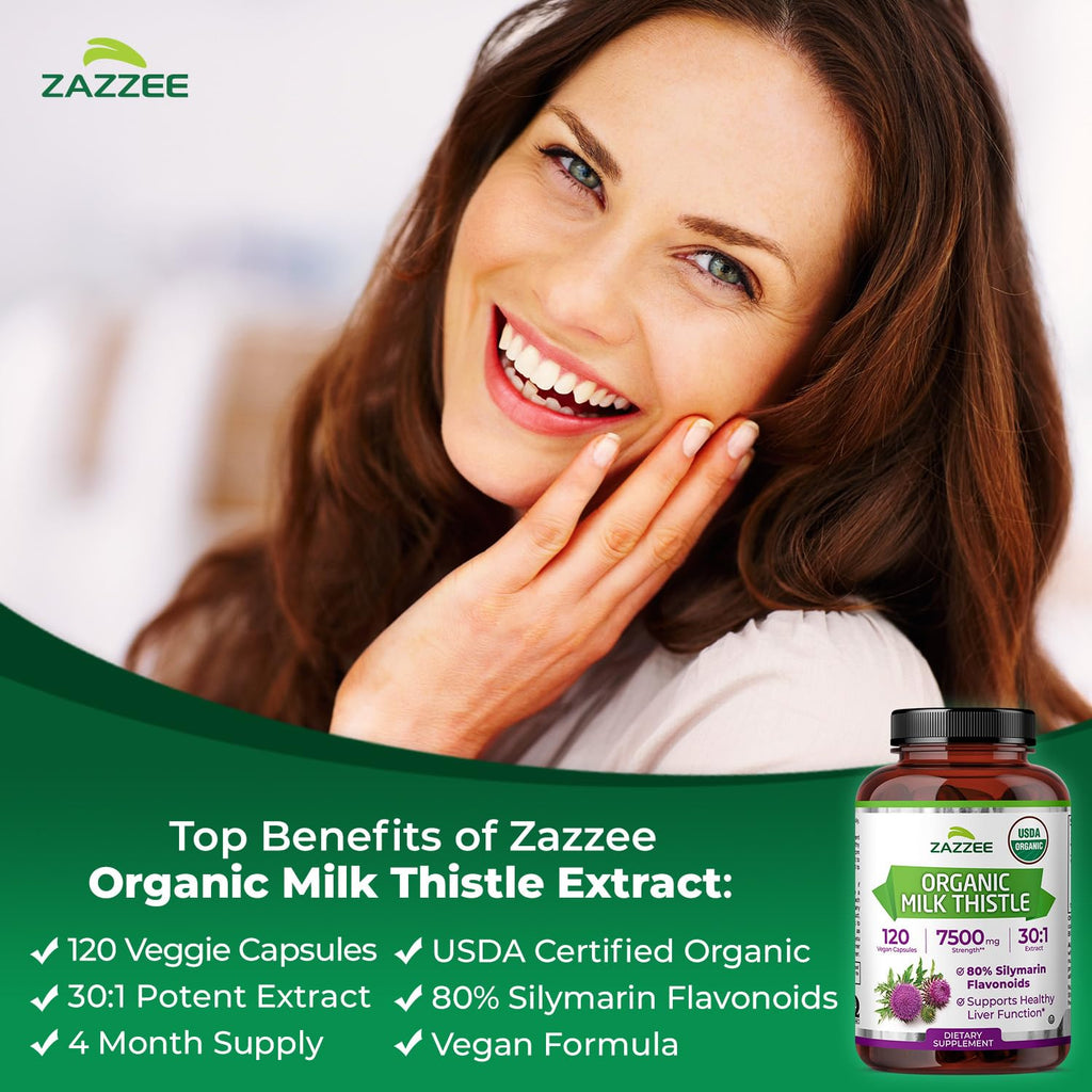 Zazzee USDA Organic Milk Thistle 30:1 Extract, 80% Silymarin, 120 Vegan Capsules, 4 Month Supply, Certified Kosher, High Potency Liver & Antioxidant Support - FENGGESTORE20
