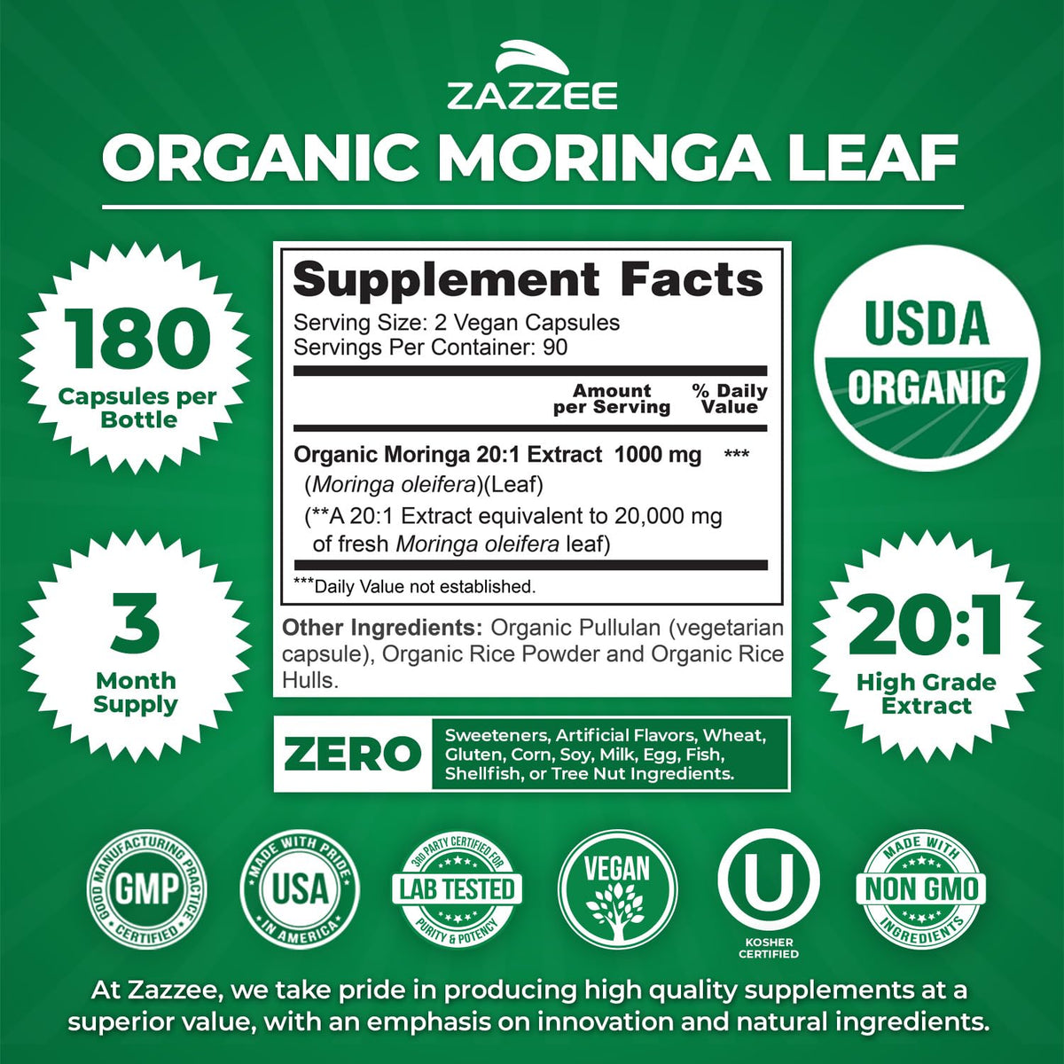 Zazzee USDA Organic Moringa Leaf 20:1 Extract, 180 Vegan Capsules, 3 Month Supply, Certified Kosher, Moringa Oleifera, Antioxidant, Immune & Cellular Support - FENGGESTORE20