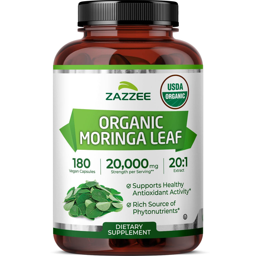 Zazzee USDA Organic Moringa Leaf 20:1 Extract, 180 Vegan Capsules, 3 Month Supply, Certified Kosher, Moringa Oleifera, Antioxidant, Immune & Cellular Support - FENGGESTORE20