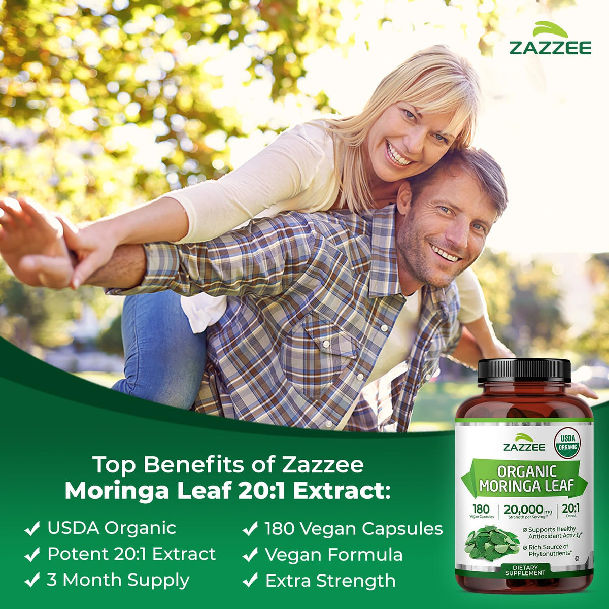 Zazzee USDA Organic Moringa Leaf 20:1 Extract, 180 Vegan Capsules, 3 Month Supply, Certified Kosher, Moringa Oleifera, Antioxidant, Immune & Cellular Support - FENGGESTORE20