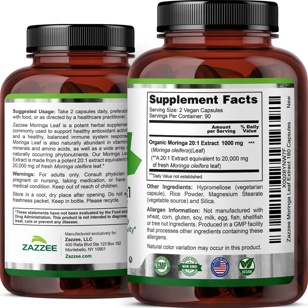 Zazzee USDA Organic Moringa Leaf 20:1 Extract, 180 Vegan Capsules, 3 Month Supply, Certified Kosher, Moringa Oleifera, Antioxidant, Immune & Cellular Support - FENGGESTORE20