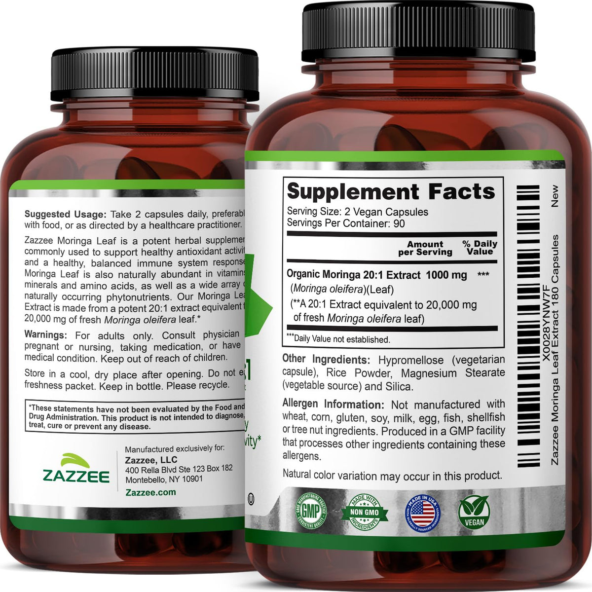 Zazzee USDA Organic Moringa Leaf 20:1 Extract, 180 Vegan Capsules, 3 Month Supply, Certified Kosher, Moringa Oleifera, Antioxidant, Immune & Cellular Support - FENGGESTORE20