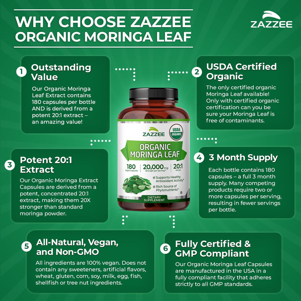 Zazzee USDA Organic Moringa Leaf 20:1 Extract, 180 Vegan Capsules, 3 Month Supply, Certified Kosher, Moringa Oleifera, Antioxidant, Immune & Cellular Support - FENGGESTORE20