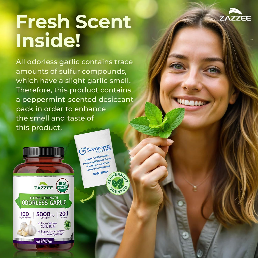 Zazzee USDA Organic Odorless Garlic 20:1 Extract, 1% Allicin, 100 Vegan Capsules, 3+ Month Supply, Allium Sativum, Immune, Circulation & Heart Health Support - FENGGESTORE20