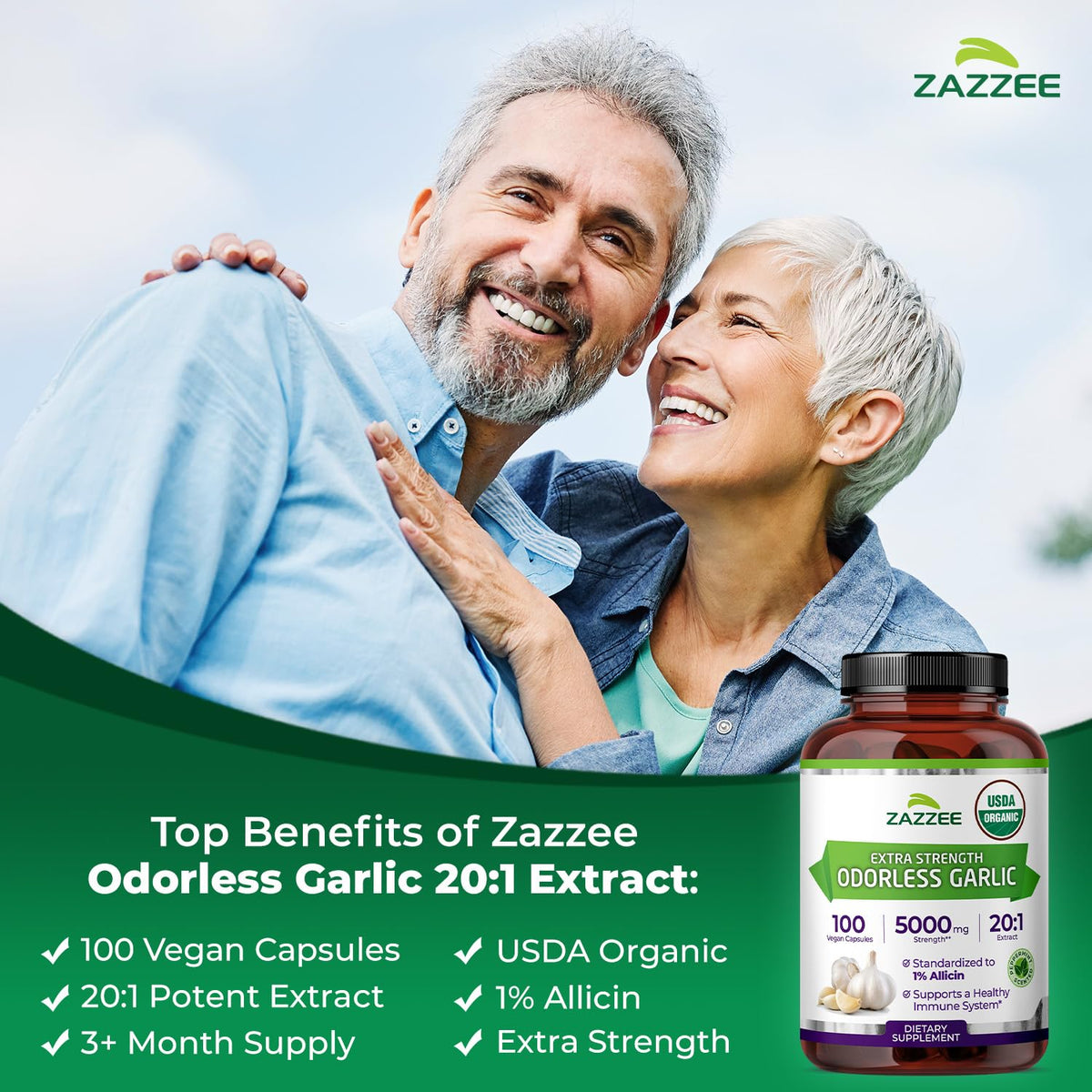 Zazzee USDA Organic Odorless Garlic 20:1 Extract, 1% Allicin, 100 Vegan Capsules, 3+ Month Supply, Allium Sativum, Immune, Circulation & Heart Health Support - FENGGESTORE20
