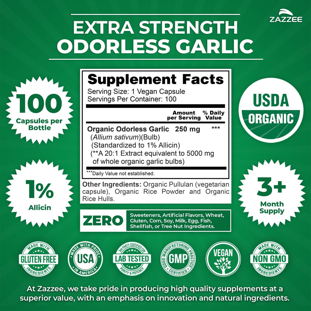 Zazzee USDA Organic Odorless Garlic 20:1 Extract, 1% Allicin, 100 Vegan Capsules, 3+ Month Supply, Allium Sativum, Immune, Circulation & Heart Health Support - FENGGESTORE20