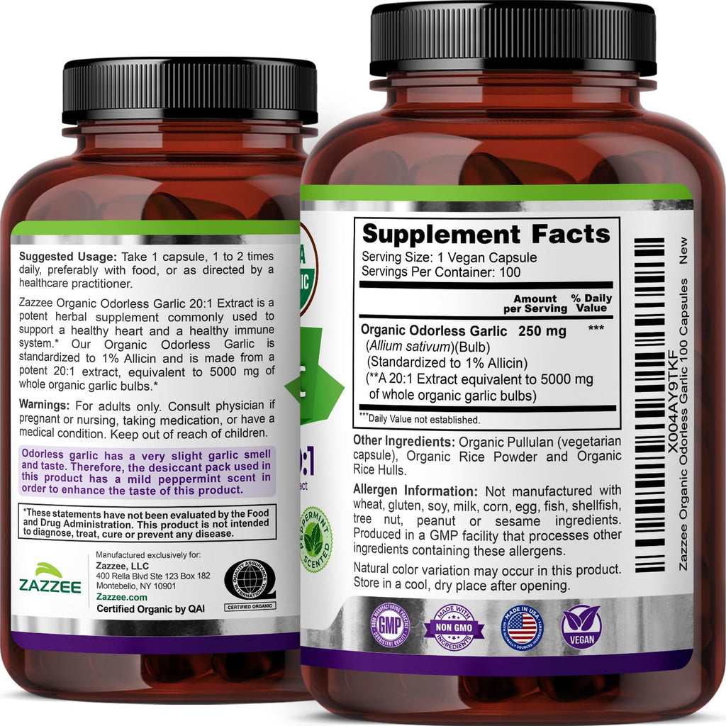 Zazzee USDA Organic Odorless Garlic 20:1 Extract, 1% Allicin, 100 Vegan Capsules, 3+ Month Supply, Allium Sativum, Immune, Circulation & Heart Health Support - FENGGESTORE20
