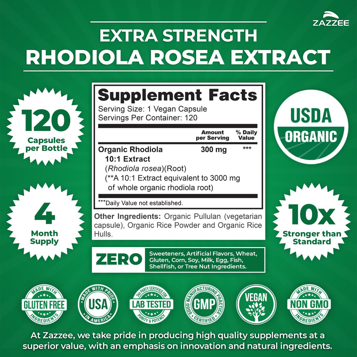Zazzee USDA Organic Rhodiola 10:1 Extract, 120 Capsules, 4 Month Supply, Rhodiola Rosea, Energy, Stress & Mental Focus Support, Concentrated 10X Extract - FENGGESTORE20