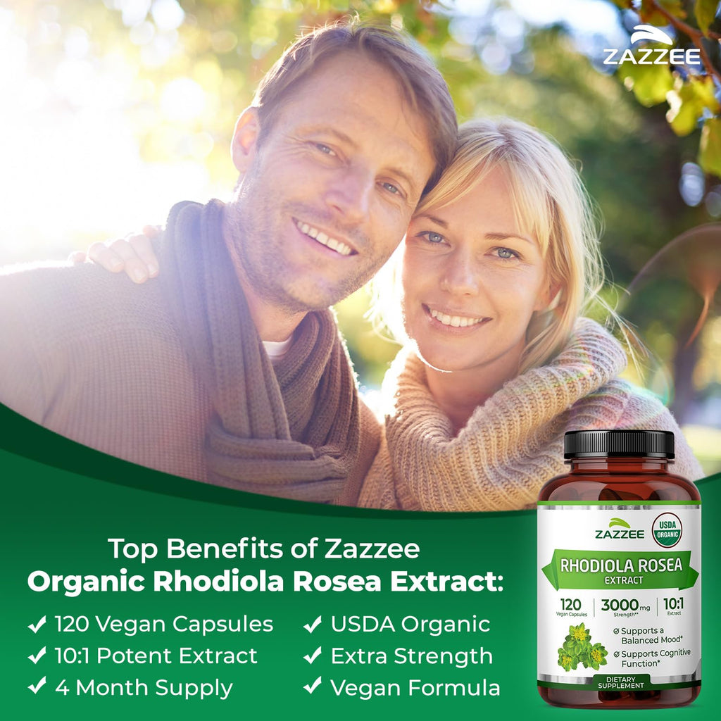 Zazzee USDA Organic Rhodiola 10:1 Extract, 120 Capsules, 4 Month Supply, Rhodiola Rosea, Energy, Stress & Mental Focus Support, Concentrated 10X Extract - FENGGESTORE20