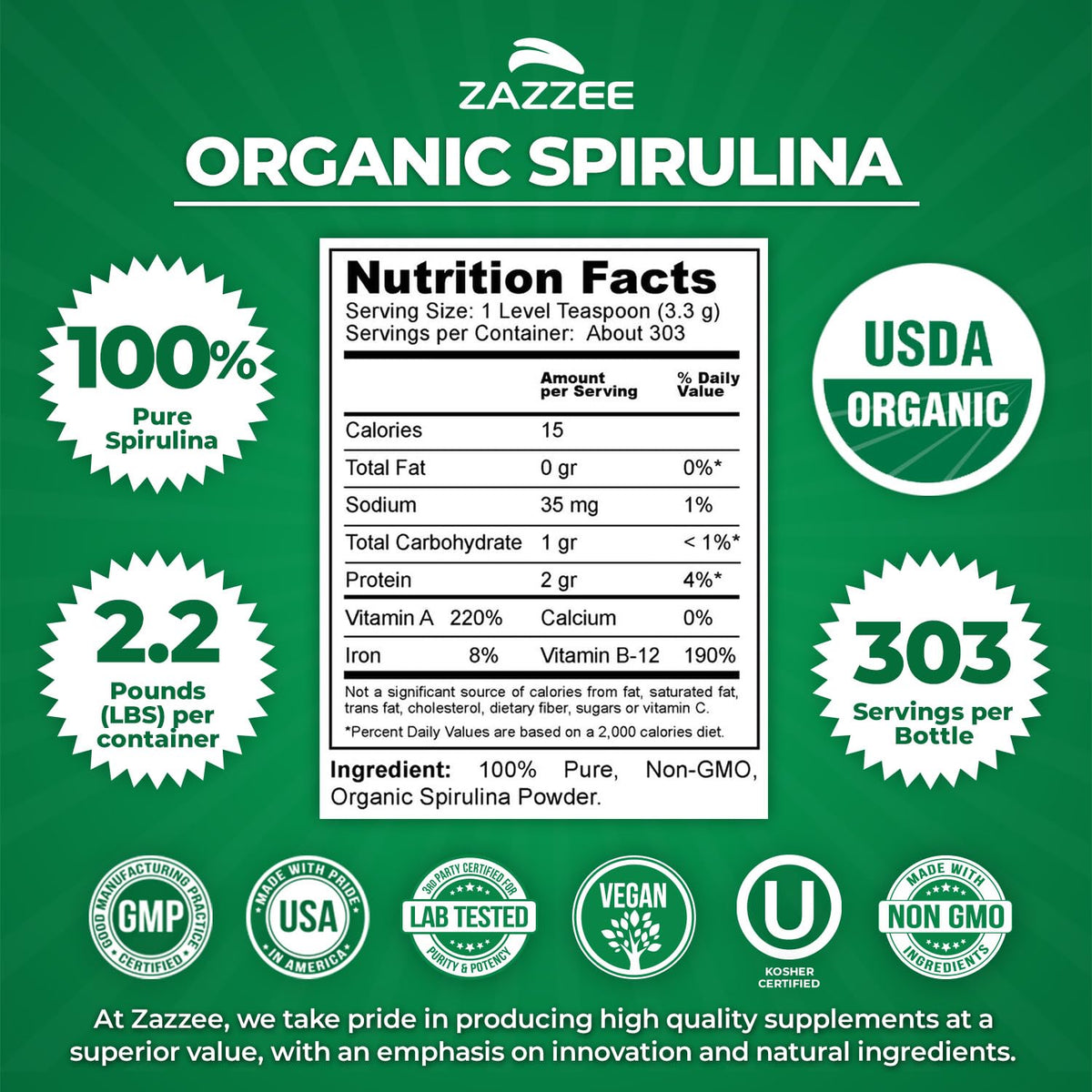 Zazzee USDA Organic Spirulina Powder, 2.2 Pounds (1 KG), 303 Servings, Certified Kosher, 100% Pure, Non-Irradiated, Mess-Free Wide Mouth Container, Fresh Smell and Neutral Taste, Non-GMO, Made in USA - FENGGESTORE20