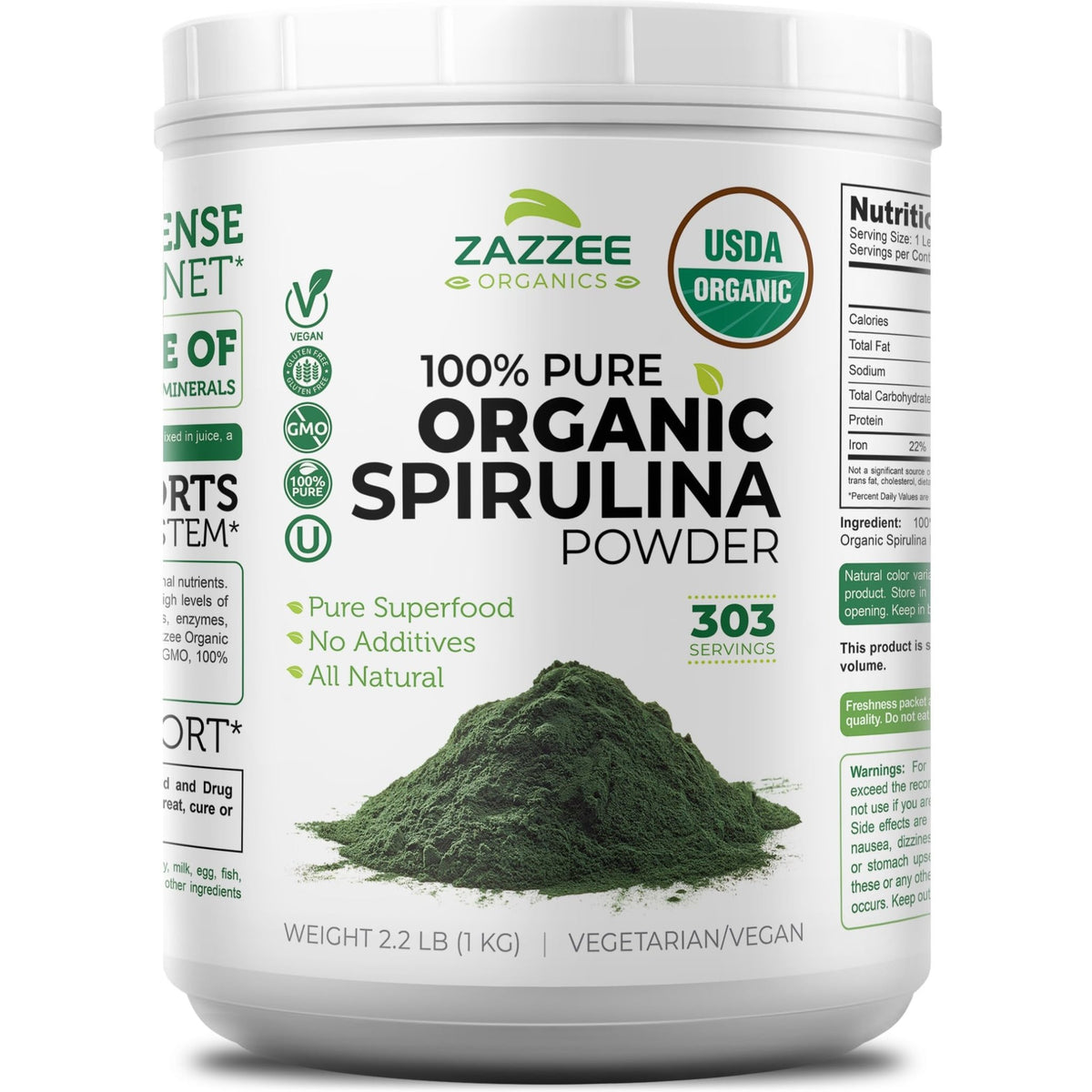 Zazzee USDA Organic Spirulina Powder, 2.2 Pounds (1 KG), 303 Servings, Certified Kosher, 100% Pure, Non-Irradiated, Mess-Free Wide Mouth Container, Fresh Smell and Neutral Taste, Non-GMO, Made in USA - FENGGESTORE20
