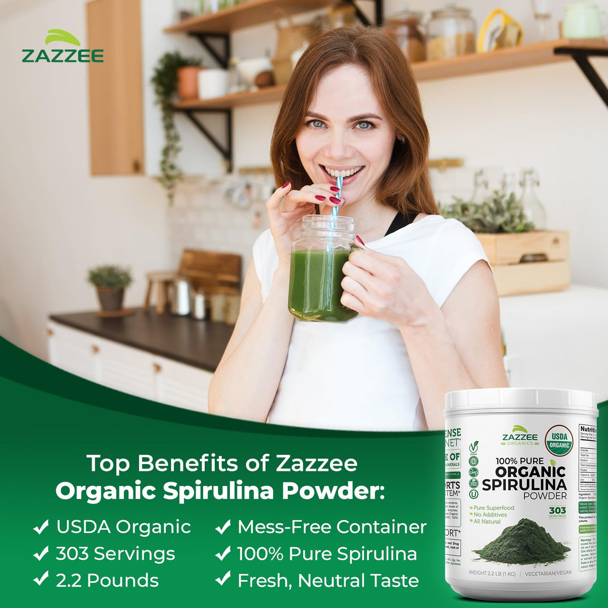Zazzee USDA Organic Spirulina Powder, 2.2 Pounds (1 KG), 303 Servings, Certified Kosher, 100% Pure, Non-Irradiated, Mess-Free Wide Mouth Container, Fresh Smell and Neutral Taste, Non-GMO, Made in USA - FENGGESTORE20