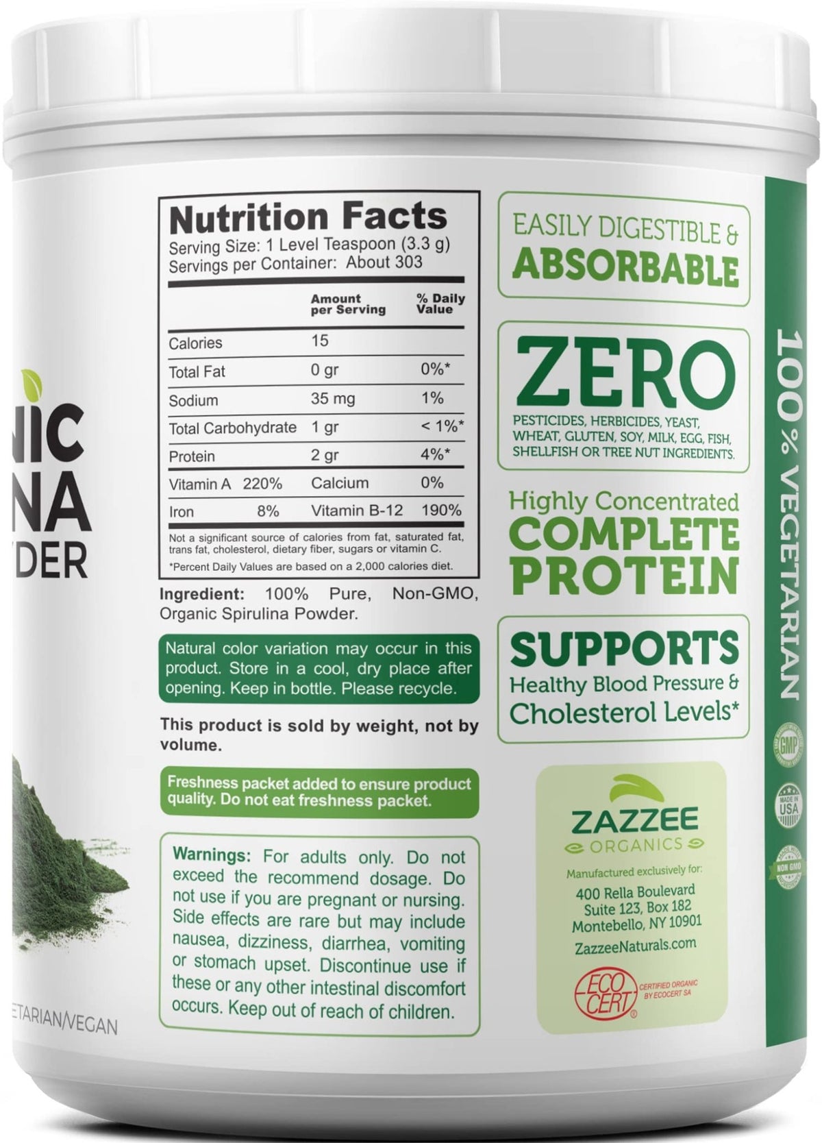 Zazzee USDA Organic Spirulina Powder, 2.2 Pounds (1 KG), 303 Servings, Certified Kosher, 100% Pure, Non-Irradiated, Mess-Free Wide Mouth Container, Fresh Smell and Neutral Taste, Non-GMO, Made in USA - FENGGESTORE20