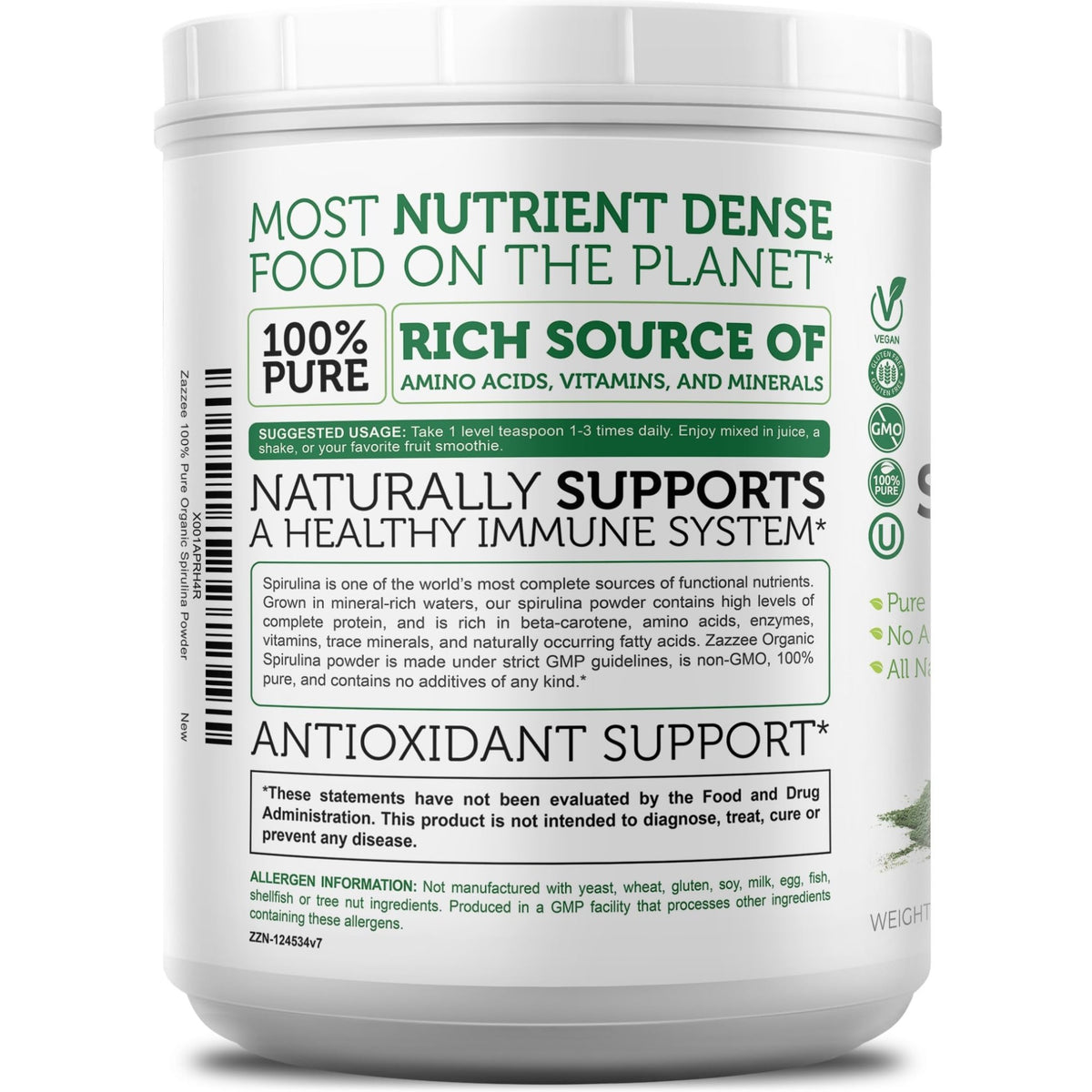 Zazzee USDA Organic Spirulina Powder, 2.2 Pounds (1 KG), 303 Servings, Certified Kosher, 100% Pure, Non-Irradiated, Mess-Free Wide Mouth Container, Fresh Smell and Neutral Taste, Non-GMO, Made in USA - FENGGESTORE20