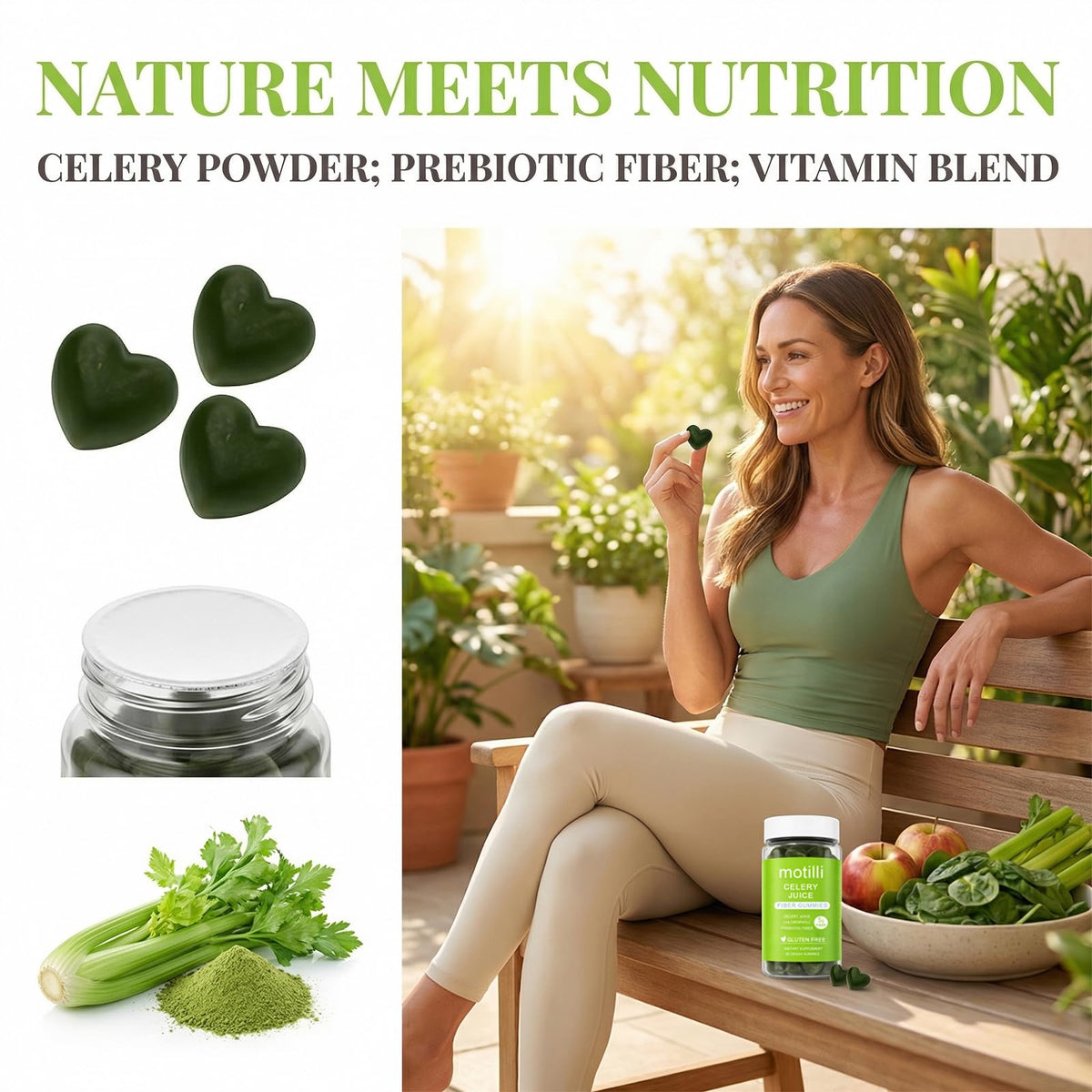zdiwond Motilli Celery Juice Fiber Gummies, with Prebiotic Fiber and Botanical Ingredients, 60 Count - FENGGESTORE20