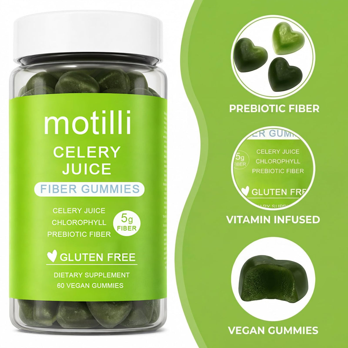 zdiwond Motilli Celery Juice Fiber Gummies, with Prebiotic Fiber and Botanical Ingredients, 60 Count - FENGGESTORE20