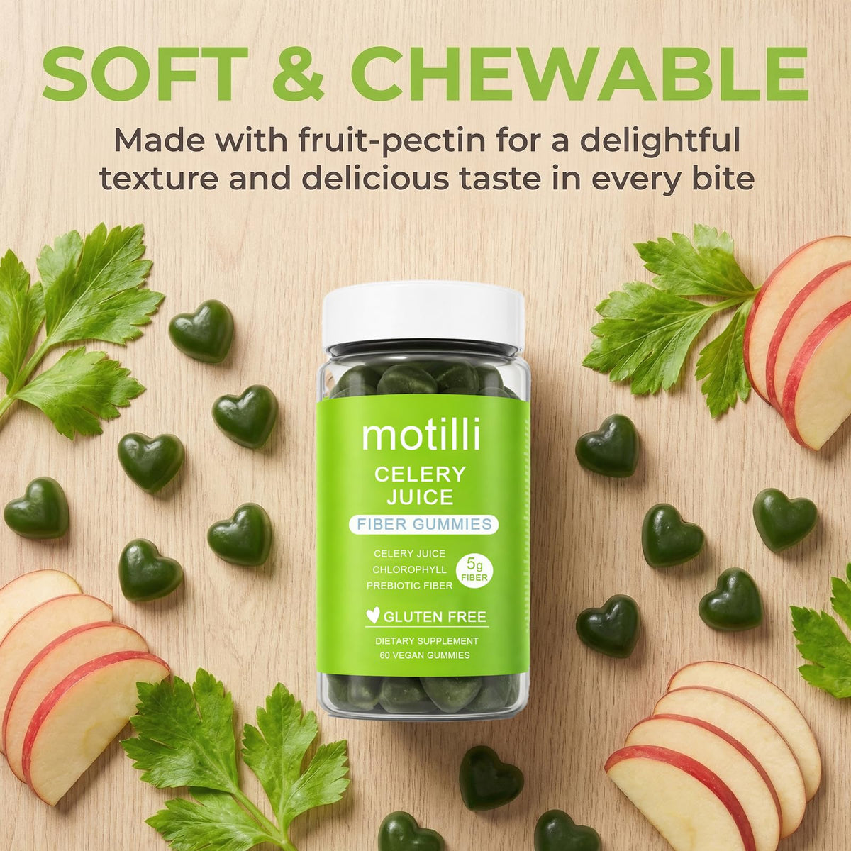 zdiwond Motilli Celery Juice Fiber Gummies, with Prebiotic Fiber and Botanical Ingredients, 60 Count - FENGGESTORE20