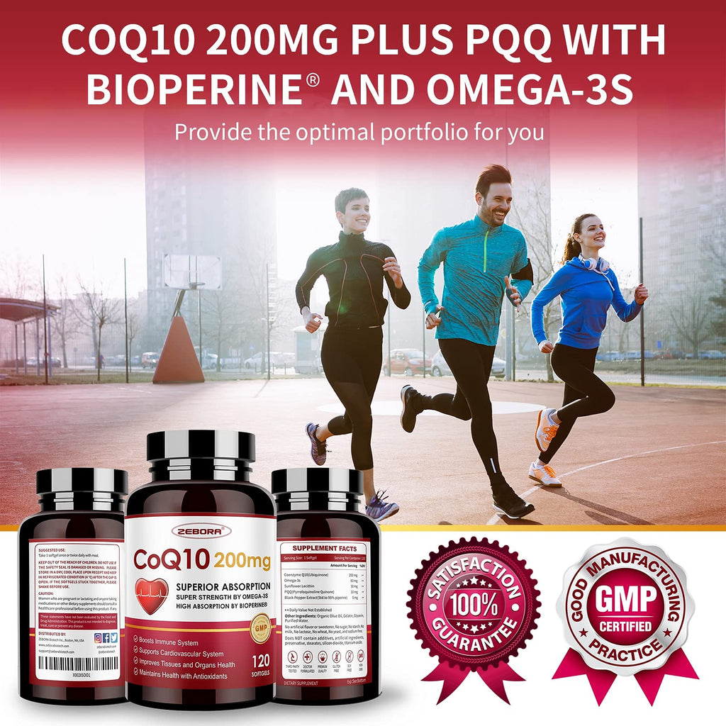 ZEBORA CoQ10-200mg-Softgels with PQQ, BioPerine & Omega-3, 120 Servings Coenzyme Q10(Ubiquinone) Supplement for High-Absorption, Powerful-Antioxidant - FENGGESTORE20