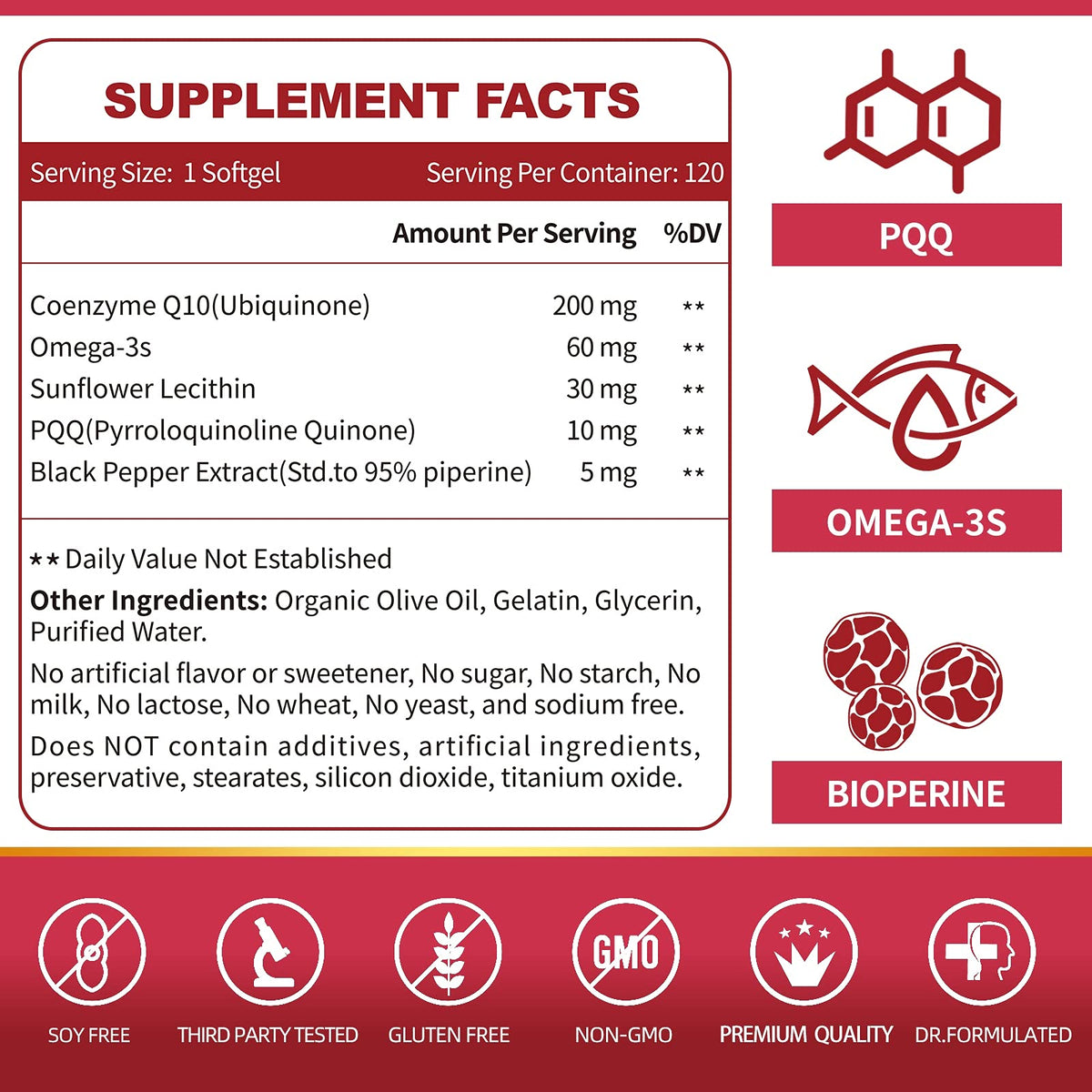 ZEBORA CoQ10-200mg-Softgels with PQQ, BioPerine & Omega-3, 120 Servings Coenzyme Q10(Ubiquinone) Supplement for High-Absorption, Powerful-Antioxidant - FENGGESTORE20