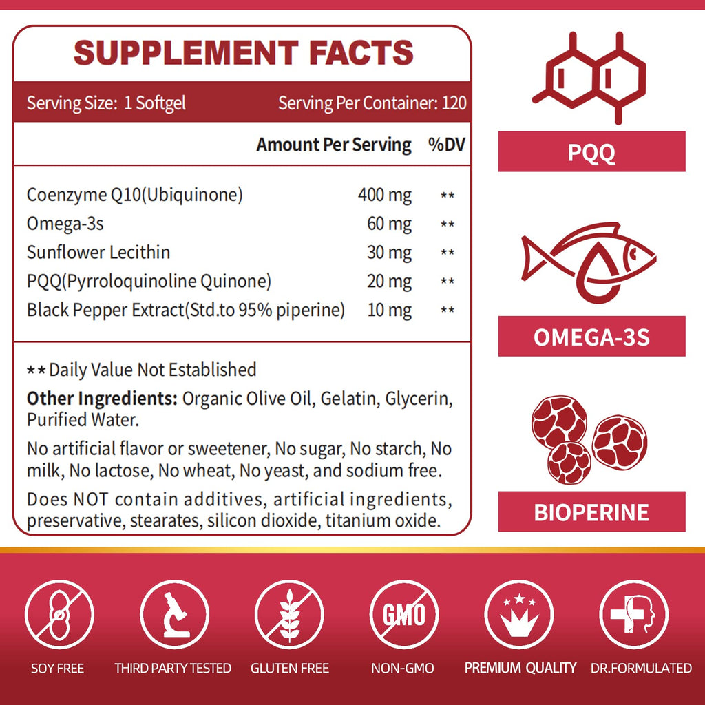 ZEBORA CoQ10-400mg-Softgels with PQQ, BioPerine & Omega-3, Coenzyme Q10(Ubiquinone) Supplement for High-Absorption, Powerful-Antioxidant - FENGGESTORE20