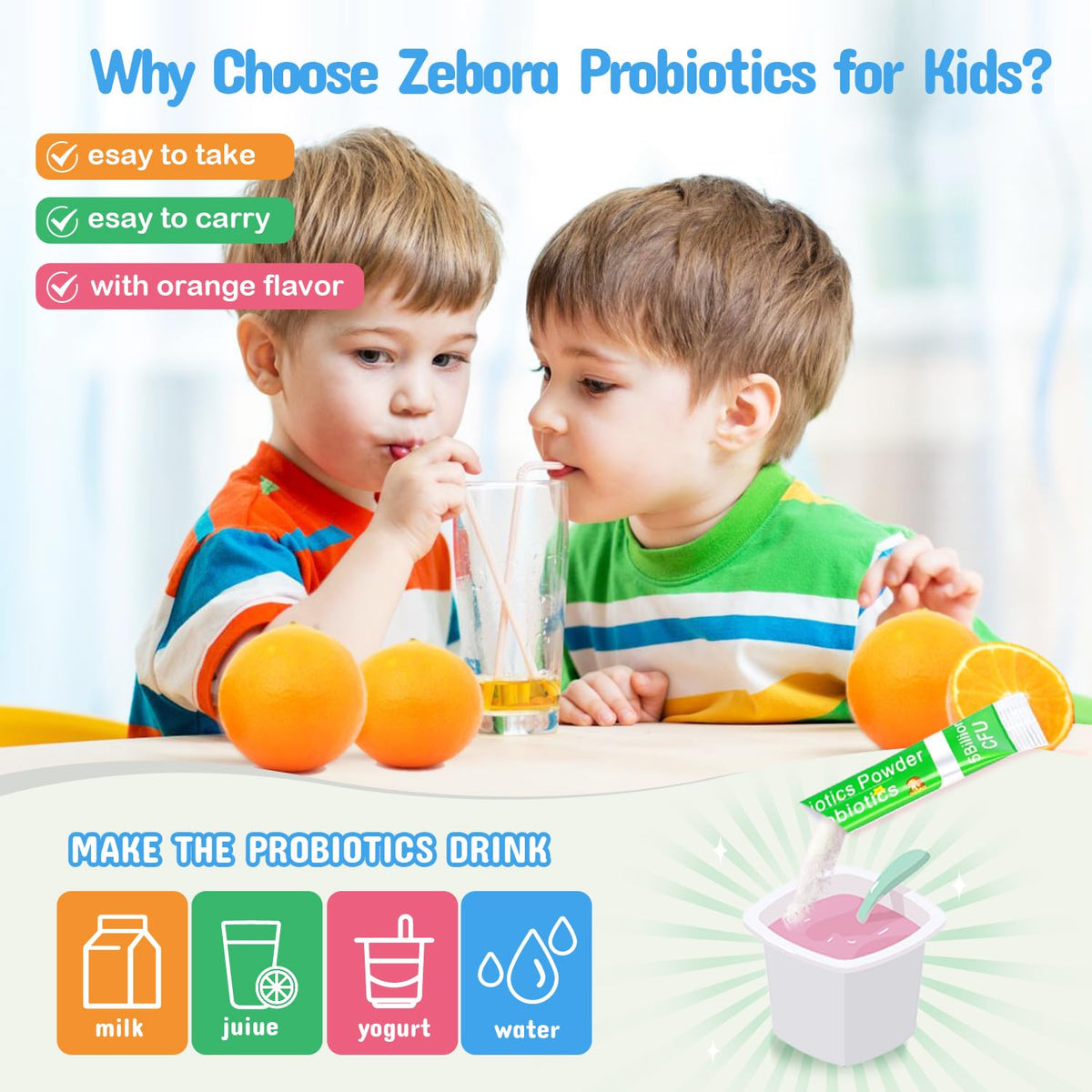 ZEBORA Kids Probiotic & Prebiotics Powder Age 3+ Support Children's Digestive & Immune System with Natural Source, Promotes Constipation Relief, Non-GMO - FENGGESTORE20