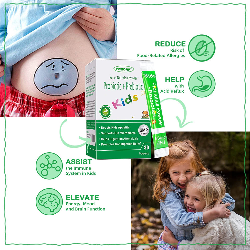 ZEBORA Kids Probiotic & Prebiotics Powder Age 3+ Support Children's Digestive & Immune System with Natural Source, Promotes Constipation Relief, Non-GMO - FENGGESTORE20