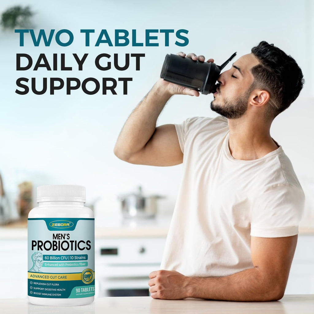 ZEBORA Probiotics for Men and Prebiotics for Digestive Health, 90 Tablets, 60 Billion CFUs for Immune and Gut Health, 10 Strains, Hypoallergenic Probiotics, - FENGGESTORE20