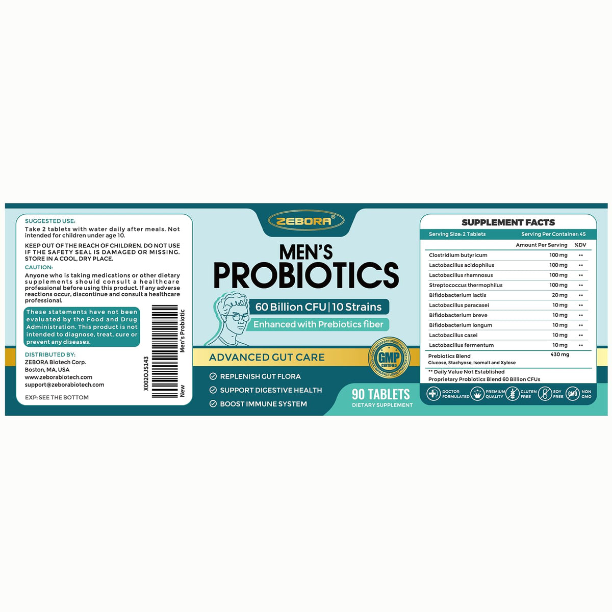 ZEBORA Probiotics for Men and Prebiotics for Digestive Health, 90 Tablets, 60 Billion CFUs for Immune and Gut Health, 10 Strains, Hypoallergenic Probiotics, - FENGGESTORE20