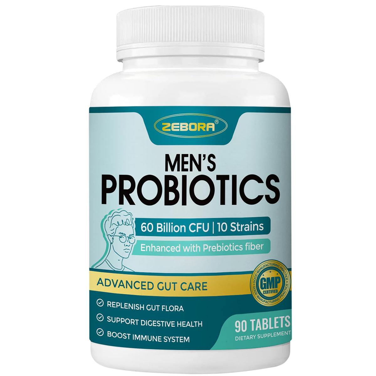 ZEBORA Probiotics for Men and Prebiotics for Digestive Health, 90 Tablets, 60 Billion CFUs for Immune and Gut Health, 10 Strains, Hypoallergenic Probiotics, - FENGGESTORE20
