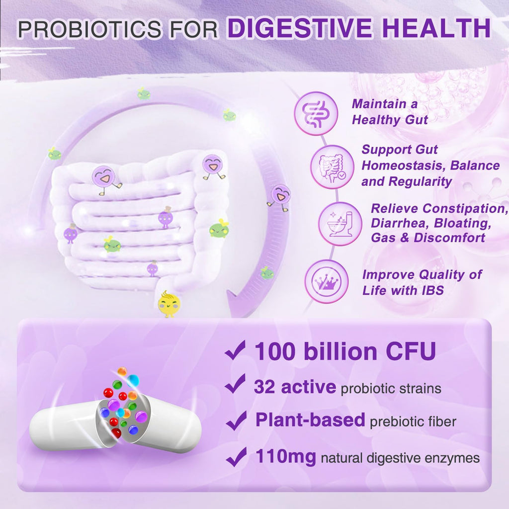 ZEBORA Probiotics for Women Digestive Health with Enzymes & Prebiotics 100 Billion CFUs| Vaginal Probiotics with D Mannose & Cranberry | Urinary Tract Health - FENGGESTORE20