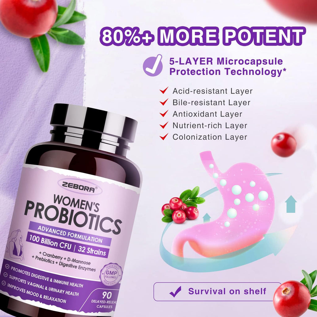 ZEBORA Probiotics for Women Digestive Health with Enzymes & Prebiotics 100 Billion CFUs| Vaginal Probiotics with D Mannose & Cranberry | Urinary Tract Health - FENGGESTORE20
