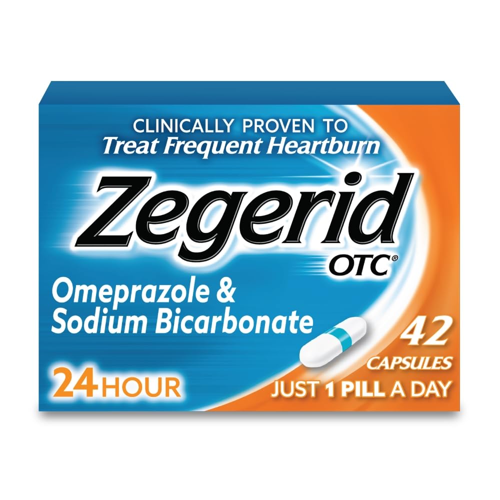 Zegerid OTC, 24-Hour Heartburn Relief, Acid Reflux Medicine and Antacid, Treats Frequent Heartburn, Omeprazole 20mg + Sodium Bicarbonate, Proton Pump Inhibitor (PPI), 42 Capsules - FENGGESTORE20